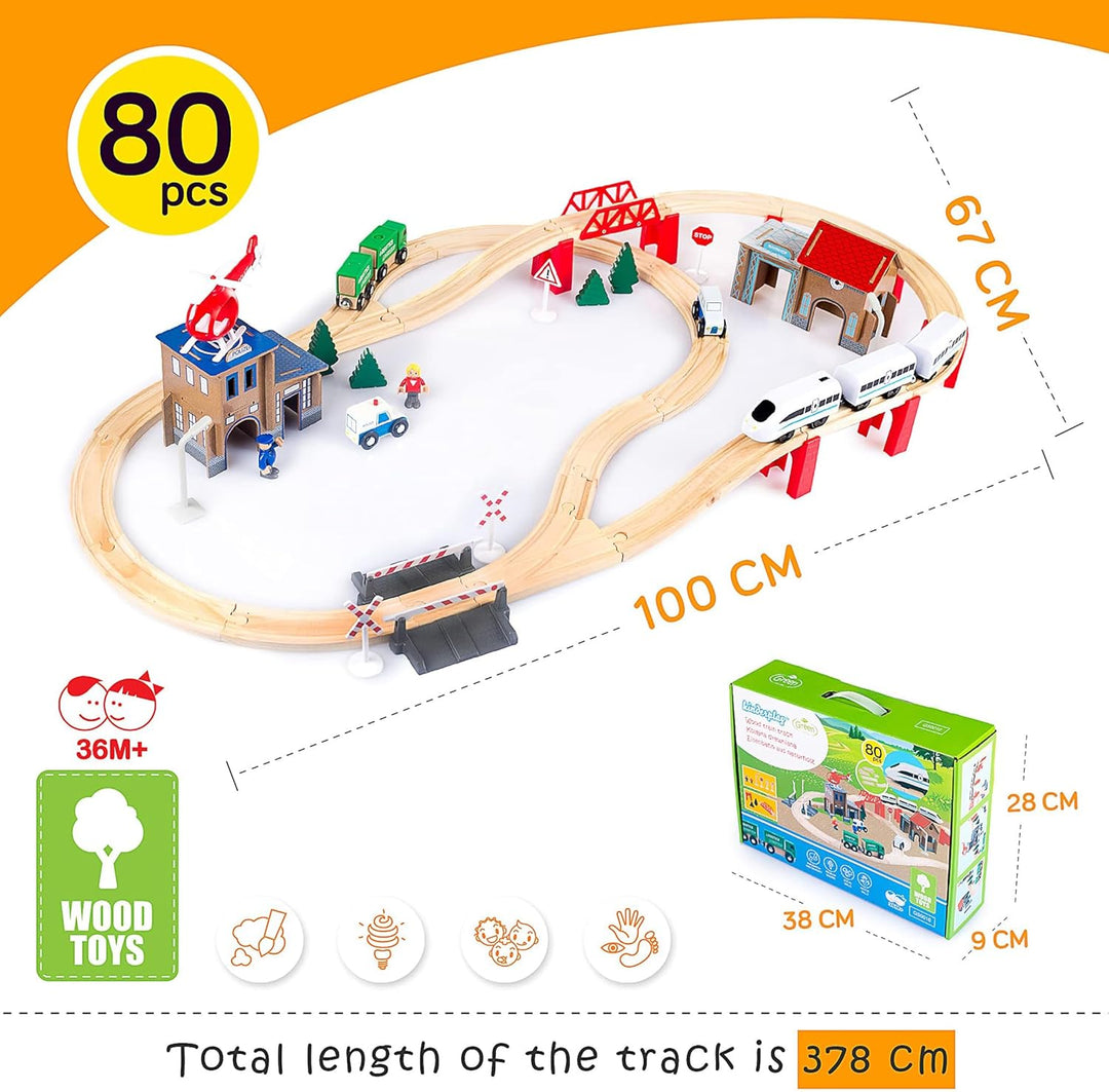 Green series Holzeisenbahn Set für Kinder - Eisenbahn Holz | Spielzeug Zug | Polizeistation, Autobah