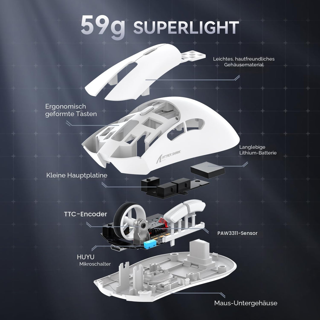 ATTACK SHARK R1 59g Superlight Maus, PixArt PAW3311 Gaming-Sensor, BT/2,4G kabellose/kabelgebundene