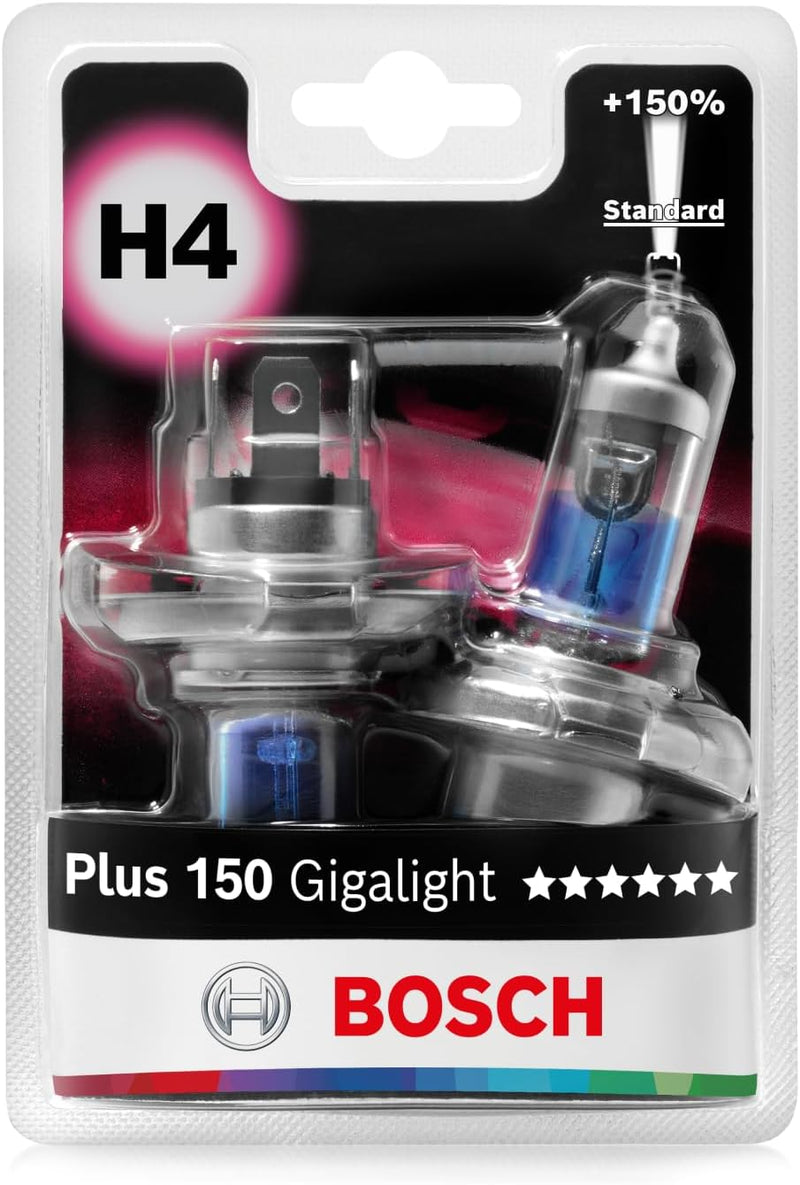 Bosch H4 Plus 150 Gigalight Halogen-Glühlampe für Auto-Scheinwerfer, 12 V 60/55 W, 150 % mehr Licht