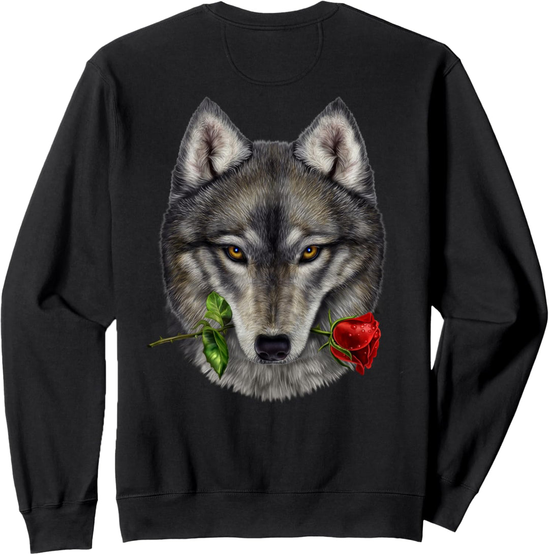 Romantische grauer Wolf, die auf einer Rosenblume beisst Sweatshirt