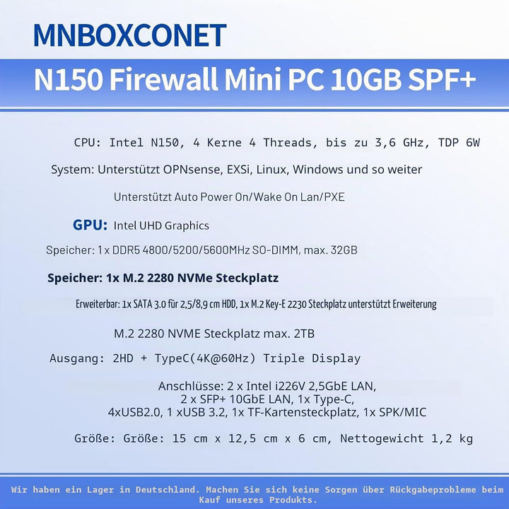 MNBOXCONET S2 Mini PC N150 2x10gb SFP+, Firewall Appliance Hardware Micro Büro, Barebone No RAM No S