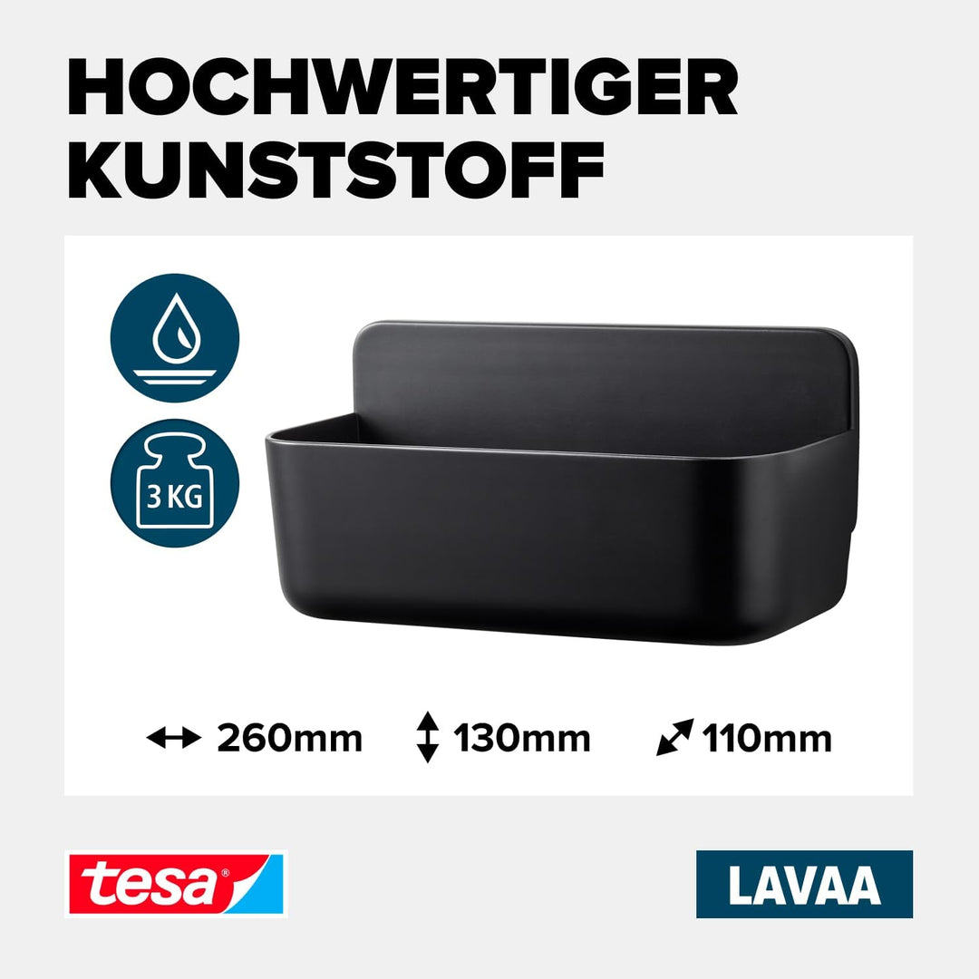 tesa Lavaa Duschkorb M, schwarz matt - Duschablage zur Wandmontage ohne Bohren, inkl. tesa Powerstri