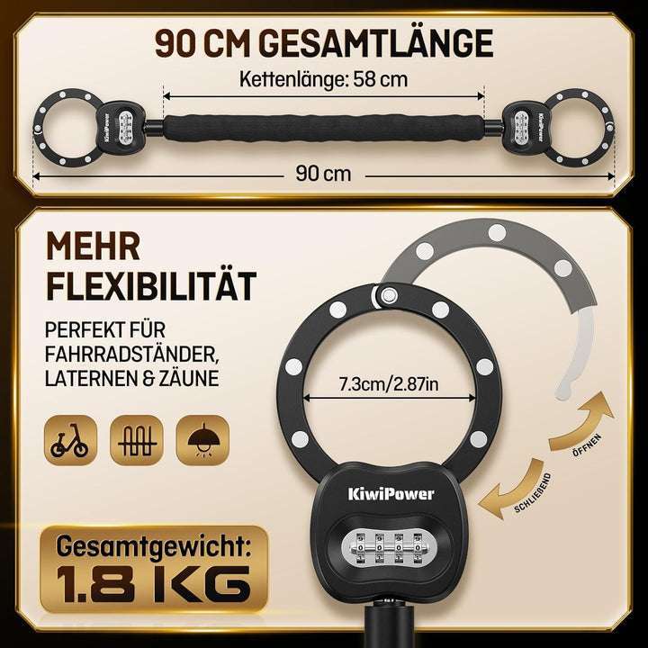 E Scooter Schloss mit Zahlenschloss, 90cm Kettenschloss mit Tasche, Handschellenschloss für E Roller