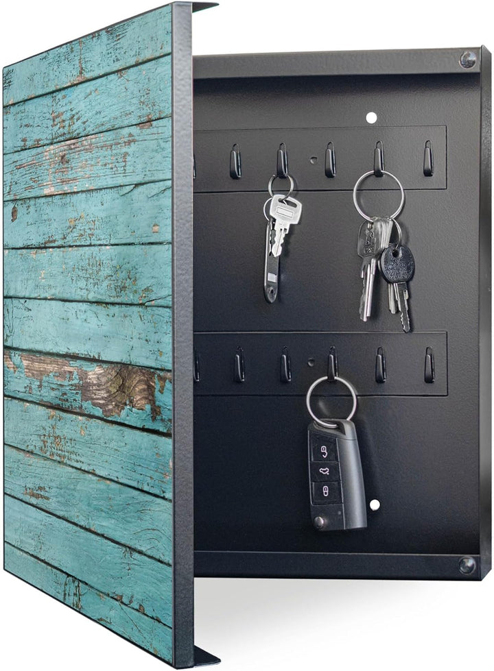 banjado® Grosser Schlüsselkasten Glas/Schlüsselbox 30cm x 30cm mit 50 Haken - Motiv Blaue Holzlatten