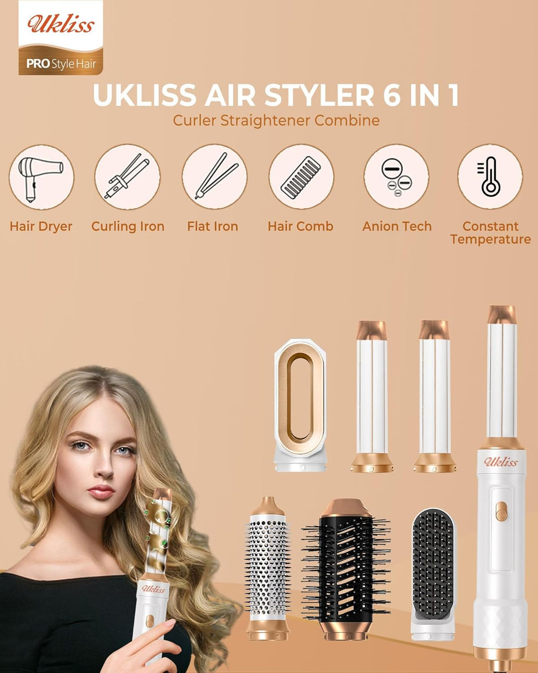 UKLISS Airstyler 6 in 1, Haarstyler & Haartrockner mit Automatisch Wrap Lockenstab, Hair Dryer, Ther