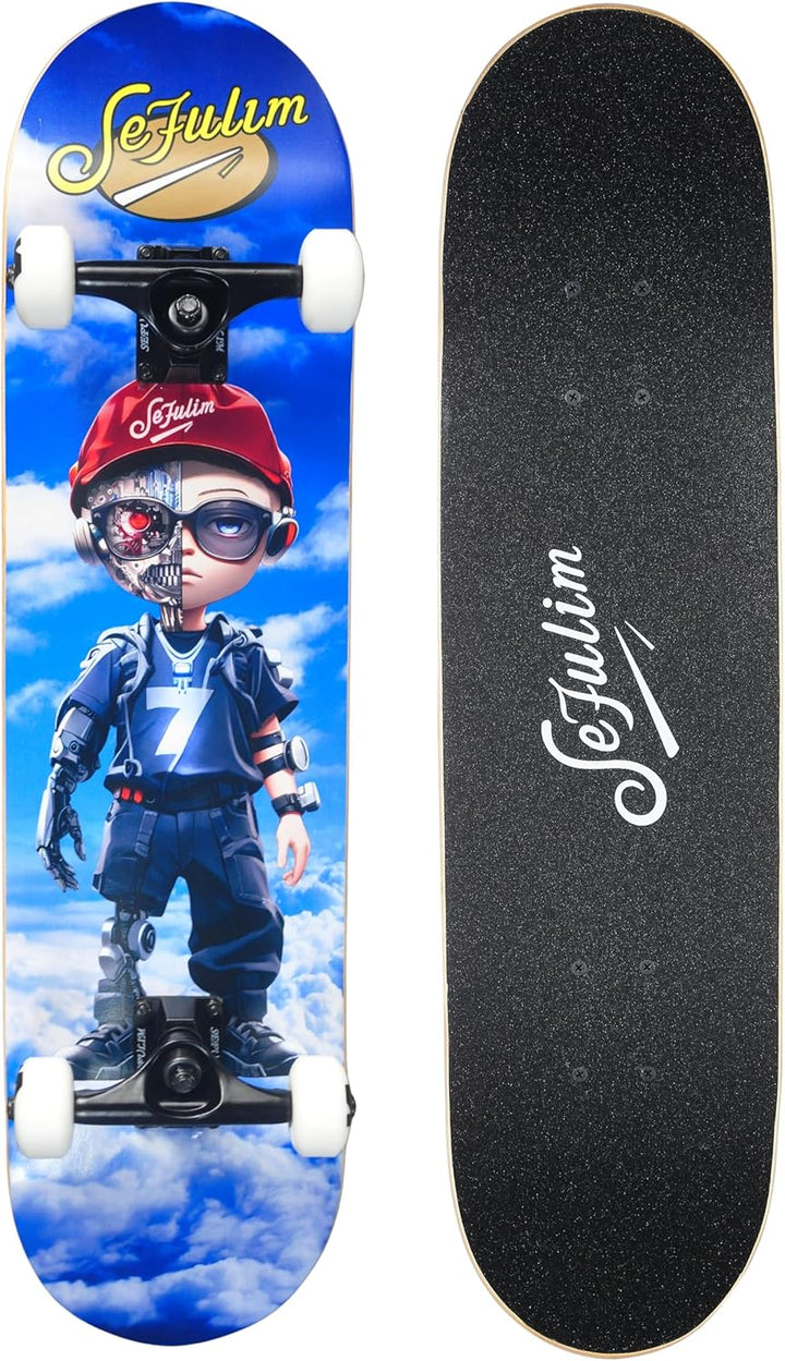 Sefulim 31 x 8 Zoll komplettes Skateboard, 7-lagig, kanadischer Ahorn, Doppel-Kick-Deck-Skateboard f