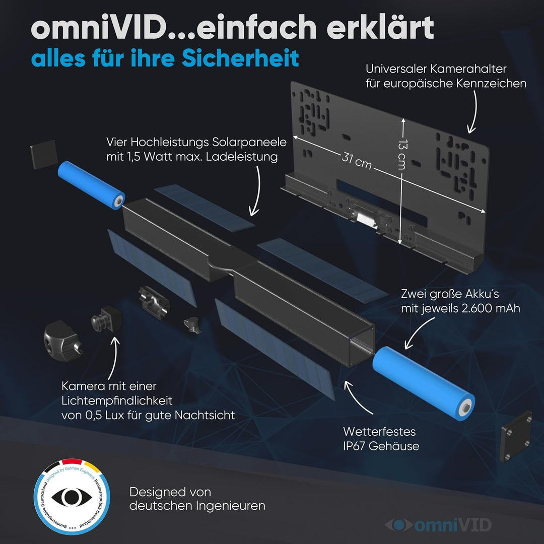 omniVID® Solar4 Premium Solar Rückfahrkamera-System, Kabellos mit 4,3 Zoll Monitor und solarbetriebe