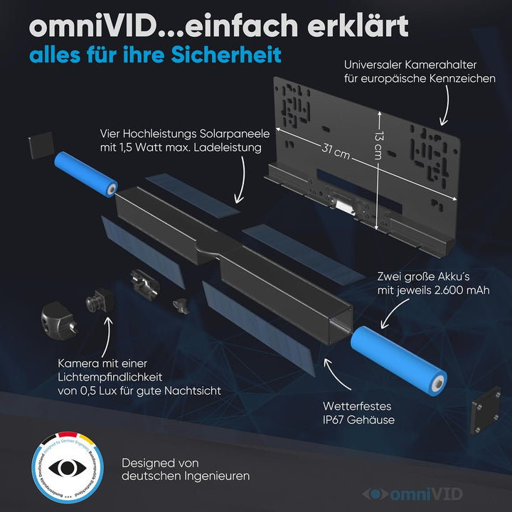 omniVID® Solar4 Premium Solar Rückfahrkamera-System, Kabellos mit 4,3 Zoll Monitor und solarbetriebe