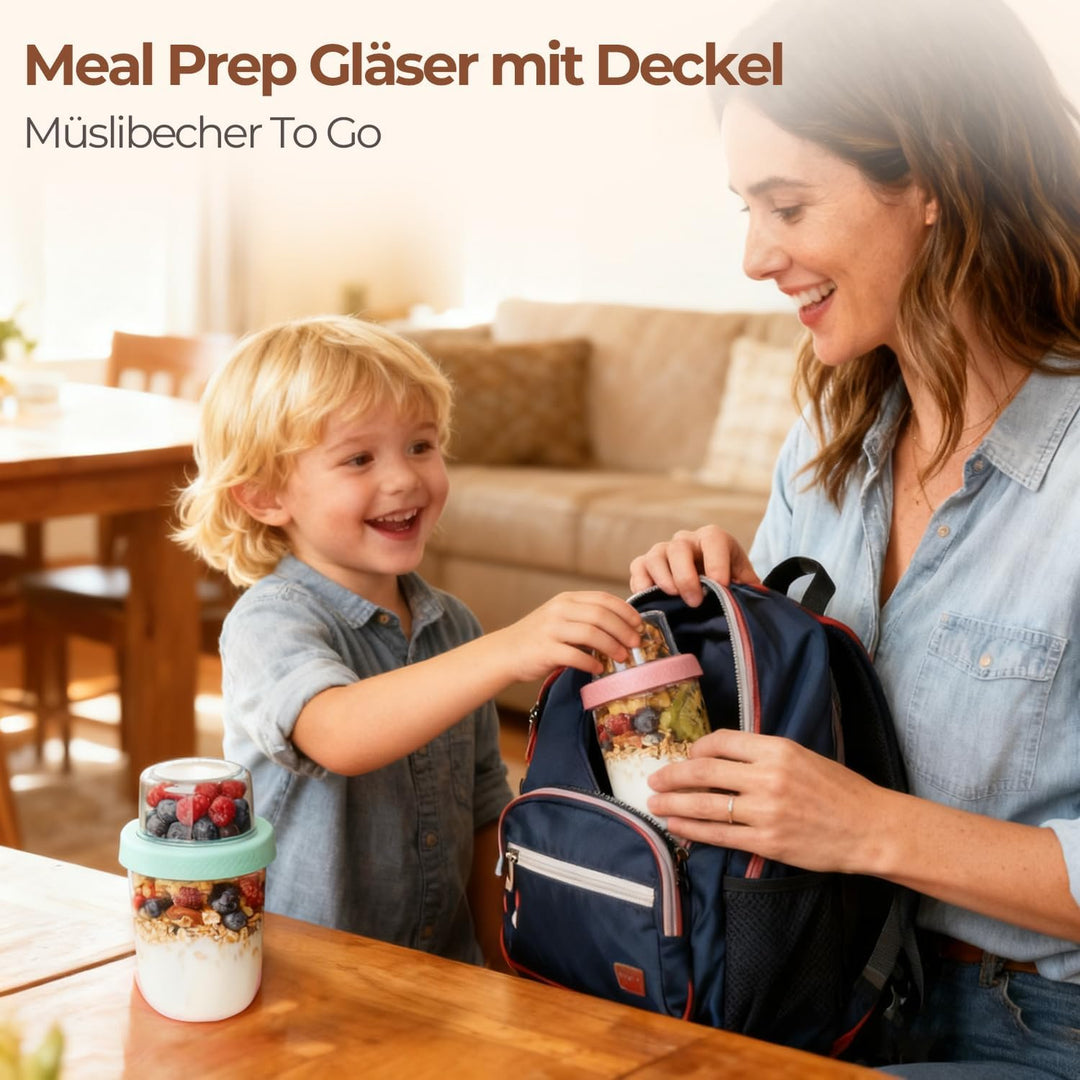 ComSaf 4er Overnight Oats Gläser, 480ml+120ml Müslibecher to go, Joghurtbecher mit Doppelschicht-Des