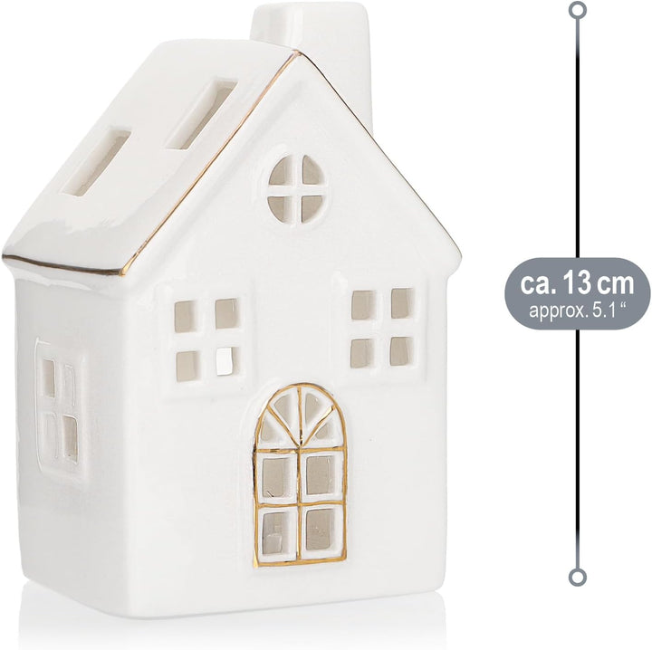 com-four® LED-Haus aus Porzellan - batteriebetriebenes Leuchthaus - weisses glänzendes Deko-Lichthäu