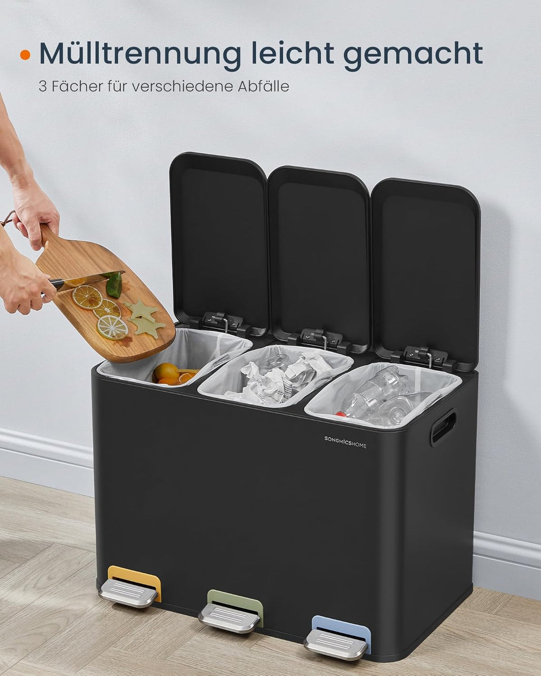 SONGMICS HOME Mülleimer Küche, 3 x 15 L Fächer, Abfalleimer mit farbcodierbaren Pedalen, Mülltrennsy