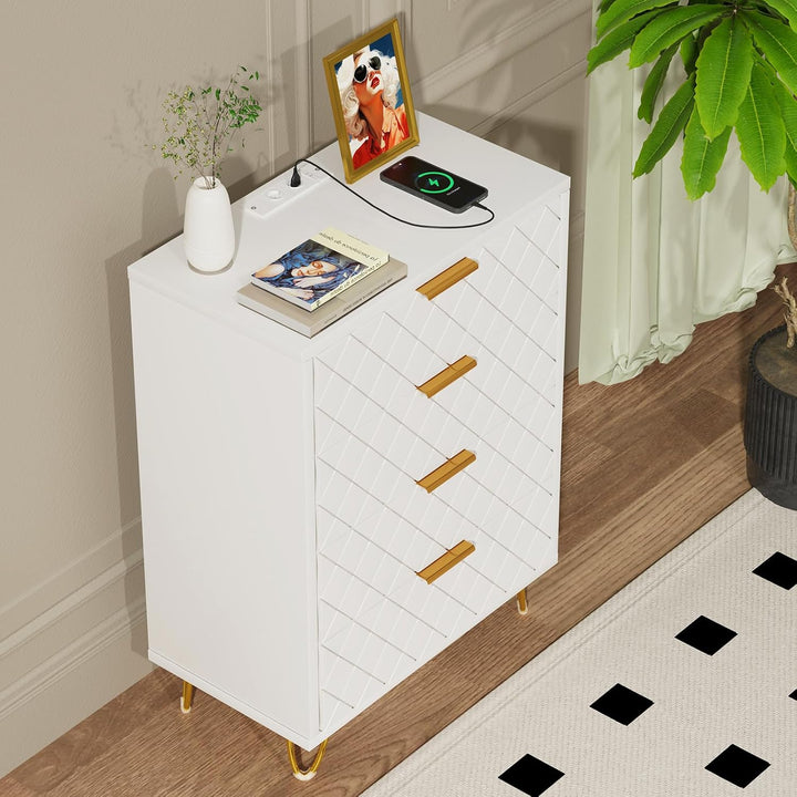 Nachttisch Weiss mit Ladestation, 2er Set, Nachtschrank mit 4 Schublade, 2 AC-Steckdosen, 2 USB-Ansc