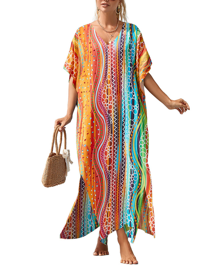 Bsubseach Damen Casual Beach Kaftan Kleid Kurzarm Loungewear Caftan Strandkleid Druck 14, Druck 14