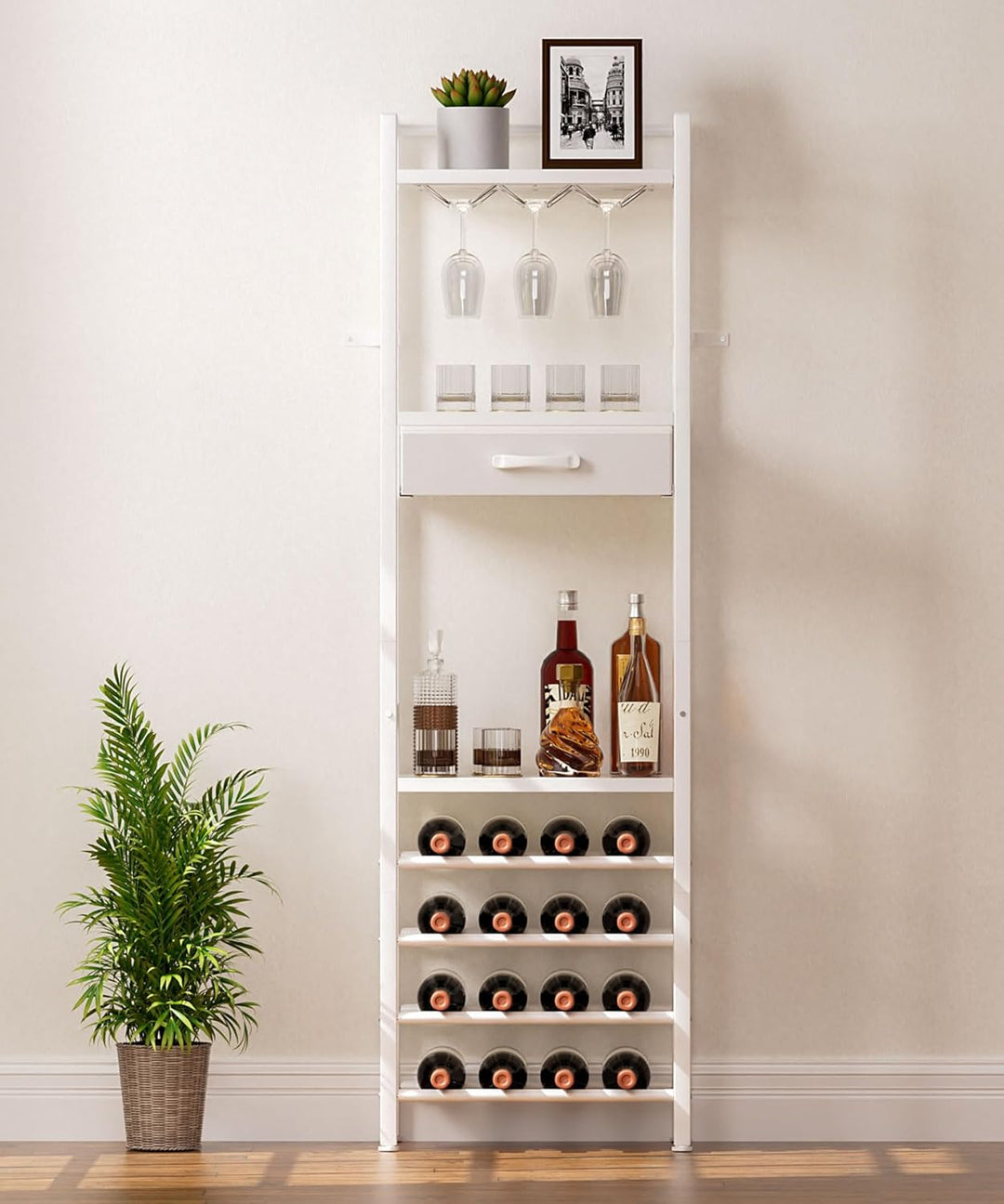 Yorbay Weinregal für 16 Flaschen, 4-Stöckiges Freistehendes Weinregal mit Glashaltere und Schublade,