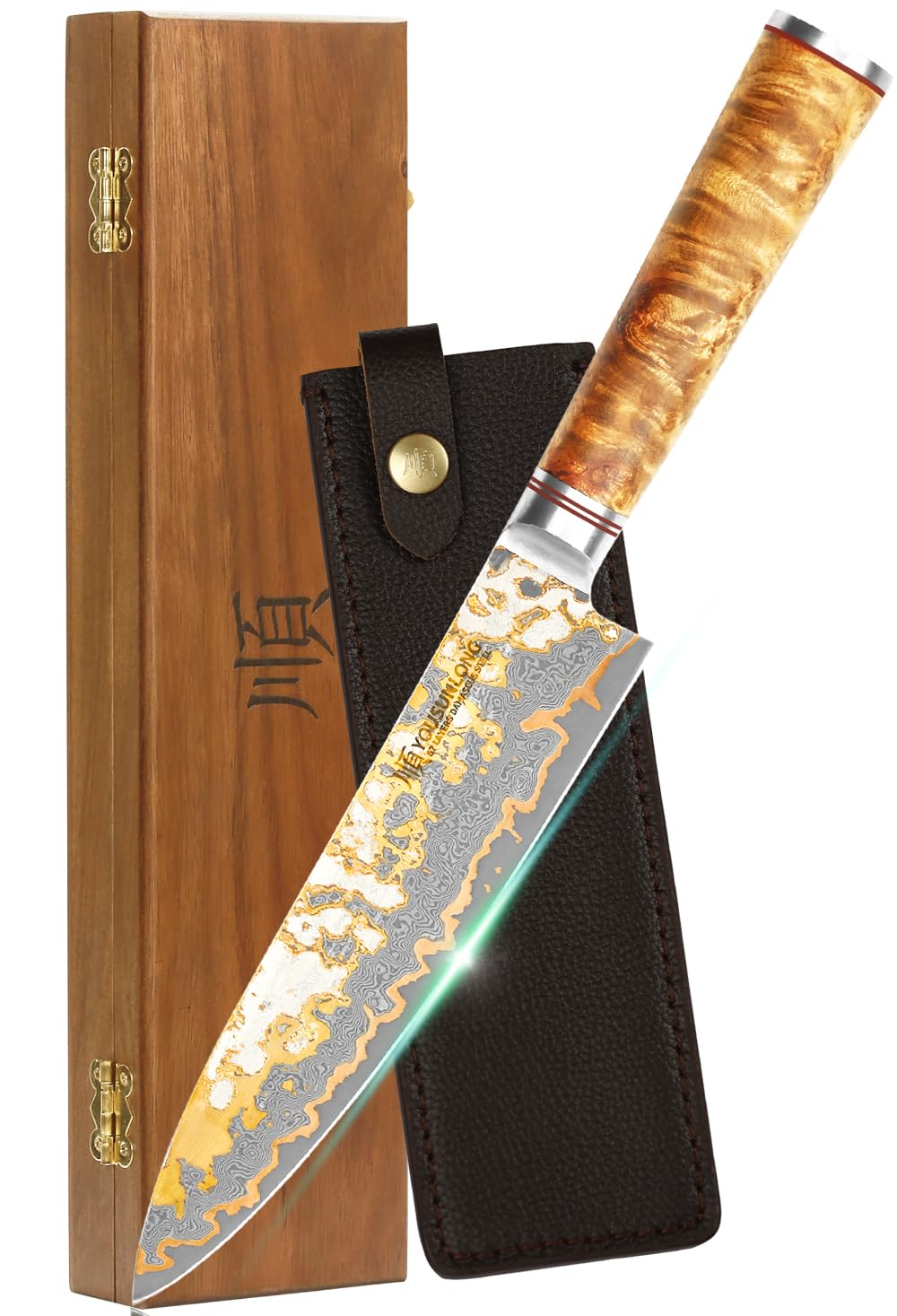 YOUSUNLONG Professionelles Kochmesser - 200mm Klinge Japanischer Handgefertigter Kupfer Damast Stahl