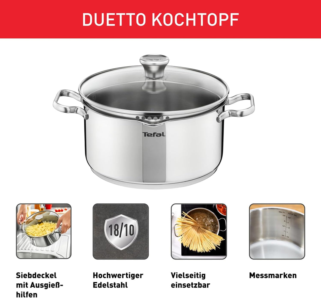 Tefal Duetto A70542 Kochtopf 20 cm, hochwertiger Edelstahl 18/10, graduiert, Ausgiessdeckel, für all