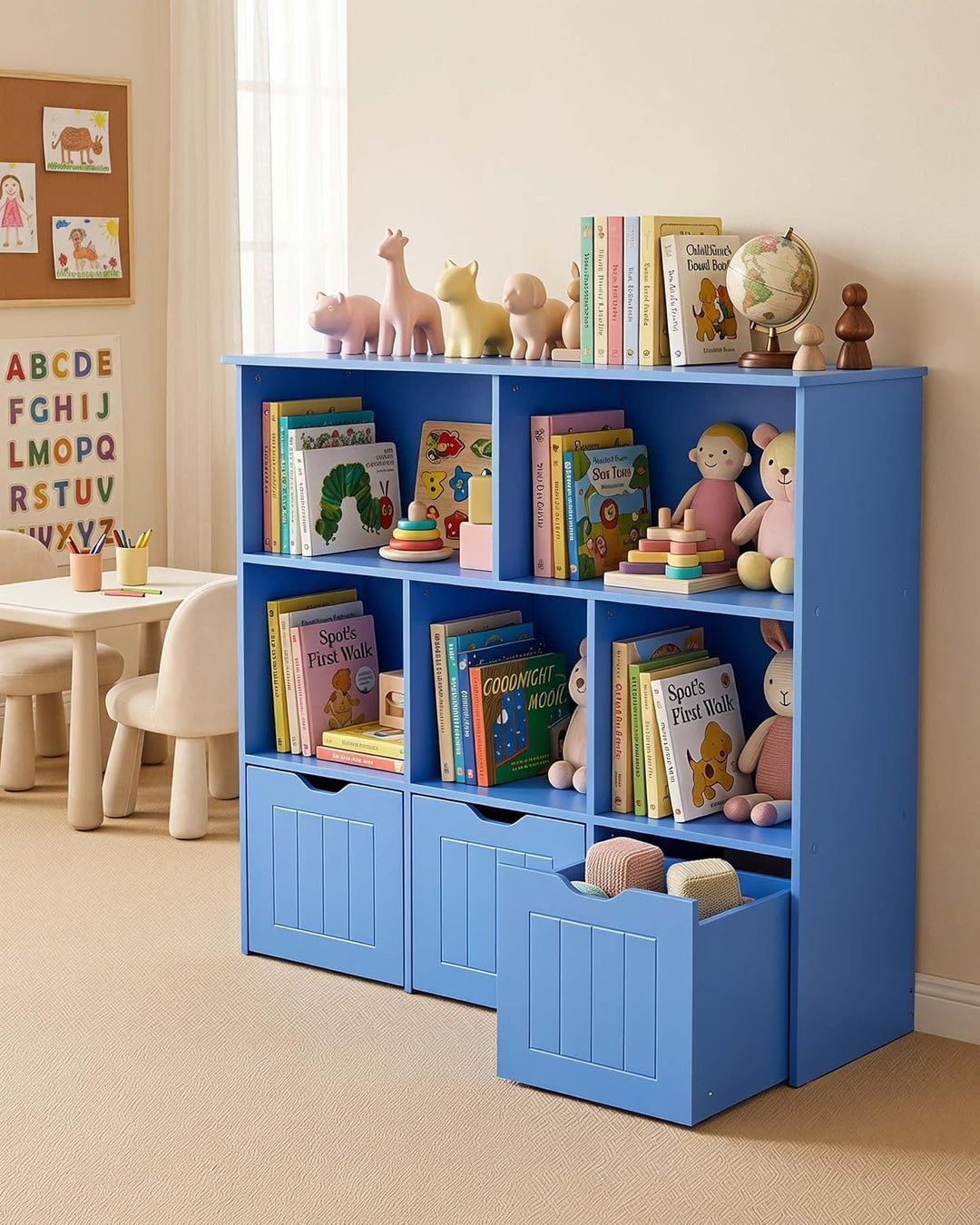 Kinder Bücherregal Blau – 3 Schubladen mit Rollen, 5 Fächer, Standregal mit Aufbewahrung, Kleidersch