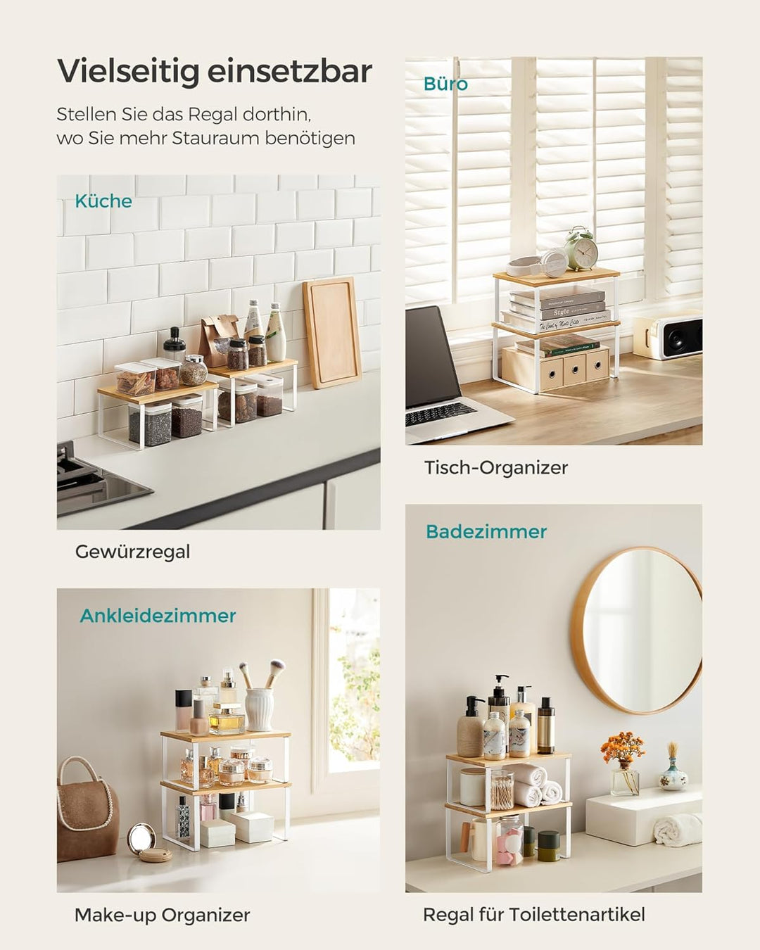 SONGMICS Gewürzregal, 4er Set, Küchenregal, Küchen-Organizer, erweiterbar, Gewürzhalter, stapelbar,