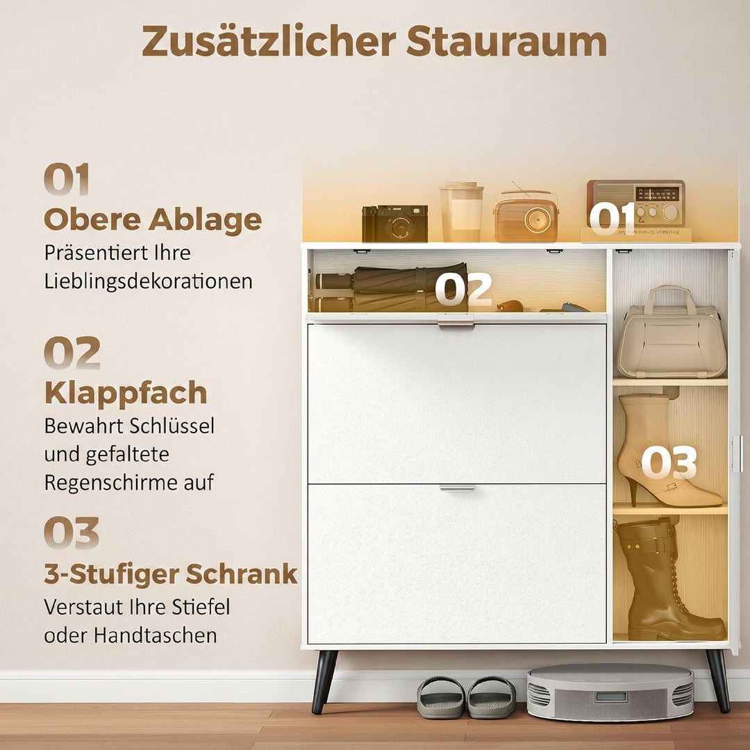 HOMCOM Schuhschrank mit 2 Klappen, Schmal Schuhkipper mit 2 Soft-Close-Türen mit Lederoptik, Verstel