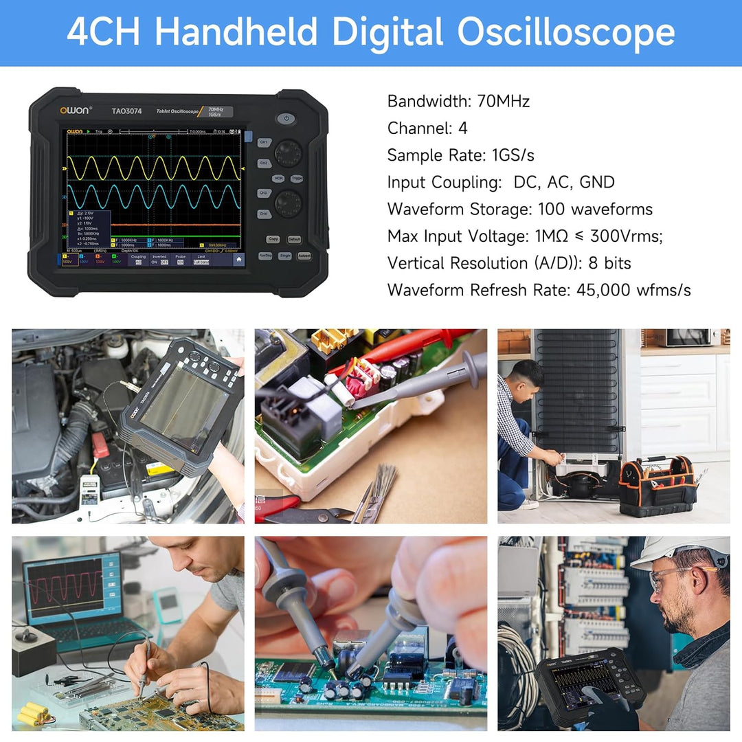 OWON Handheld-Digitaloszilloskop TAO3074, 4-Kanal-Oszilloskop mit 70 MHz Bandbreite und 1 GS/s Abtas