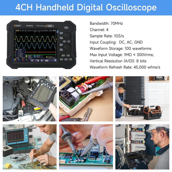 OWON Handheld-Digitaloszilloskop TAO3074, 4-Kanal-Oszilloskop mit 70 MHz Bandbreite und 1 GS/s Abtas