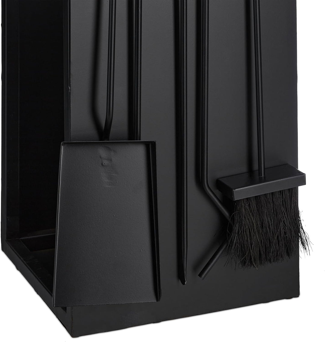 Relaxdays, schwarz Kaminholzregal mit Besteck, Metall, HBT: 76,5x36x30 cm, Brennholzregal innen, Hol
