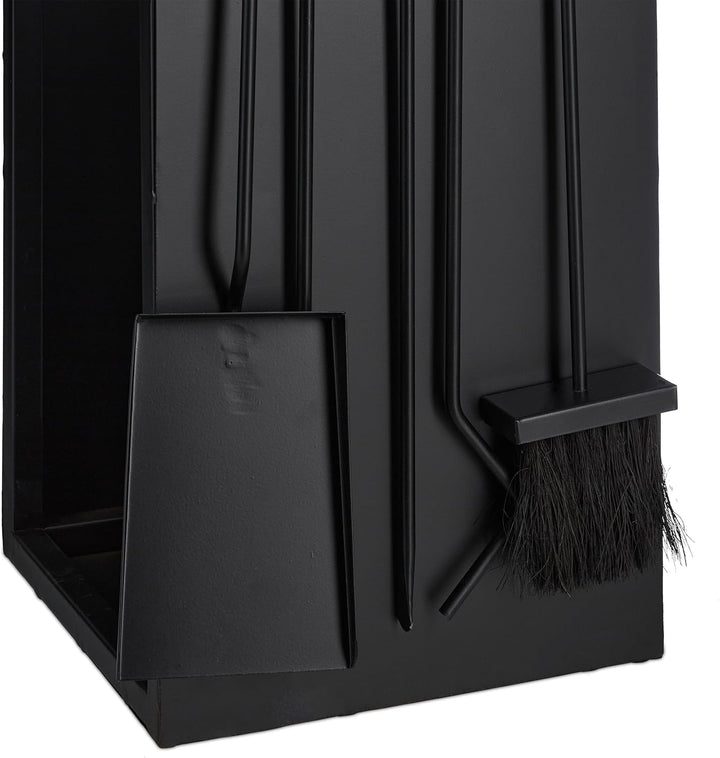 Relaxdays, schwarz Kaminholzregal mit Besteck, Metall, HBT: 76,5x36x30 cm, Brennholzregal innen, Hol
