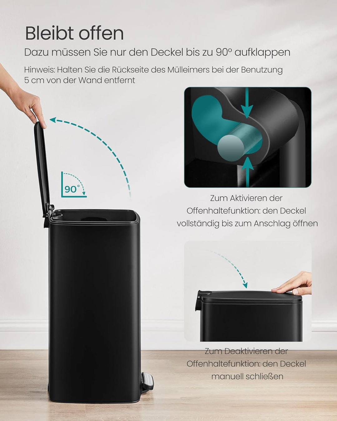 SONGMICS Mülleimer Küche, 30 Liter Abfalleimer, Tretmülleimer, Stahl, mit Inneneimer, Softclose, Off
