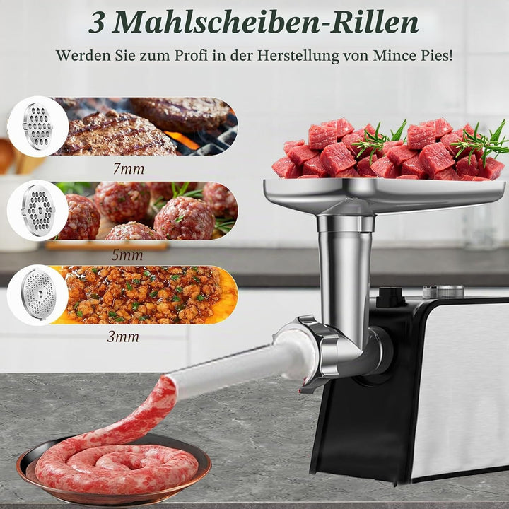 Fleischwolf Elektrisch, 3 in 1 Elektrischer Fleischwolf mit 3 Platten, Wurstfüller und Kubbe Kit, Ha