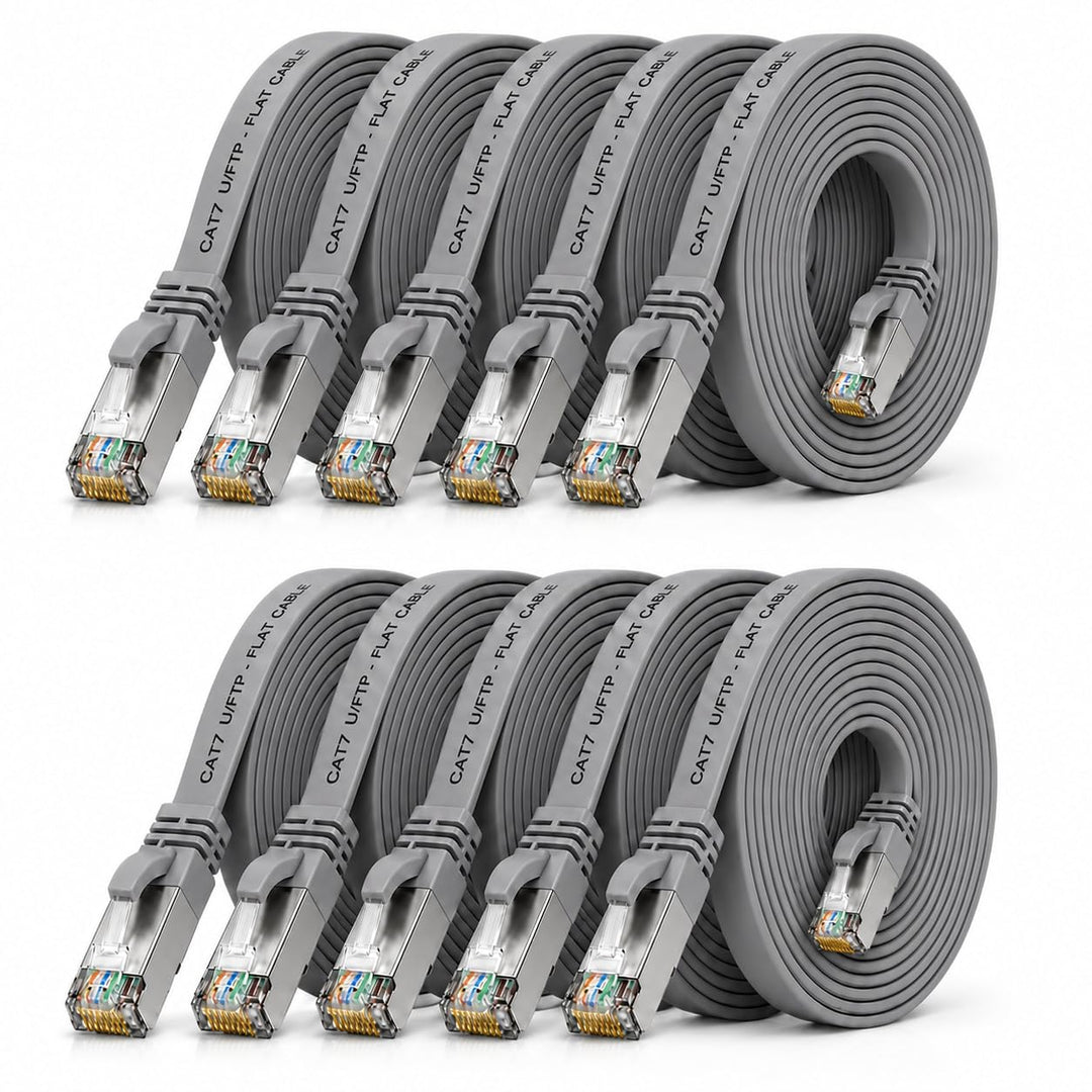 10m - grau - 10 Stück CAT.7 Gigabit Ethernet LAN Flachband Flachbandkabel (RJ45) Netzwerkkabel Rohka