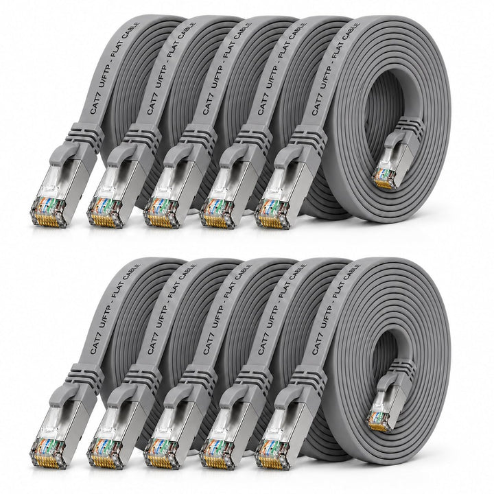 10m - grau - 10 Stück CAT.7 Gigabit Ethernet LAN Flachband Flachbandkabel (RJ45) Netzwerkkabel Rohka