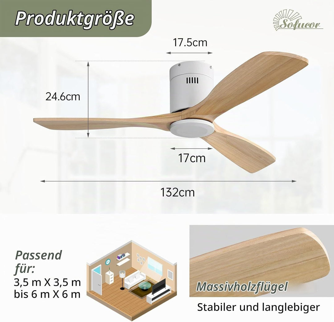 Sofucor Deckenventilator mit Fernbedienung, Deckenventilator aus Massivholz mit 3 Holzlüfterblätter,