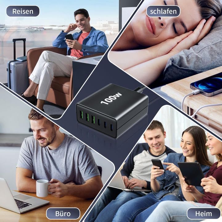 FINIBO USB C Ladegerät Mehrfach: 100W 6-Port Schnellladegerät mit USB-C und USB-A, Tragbarer USB C W