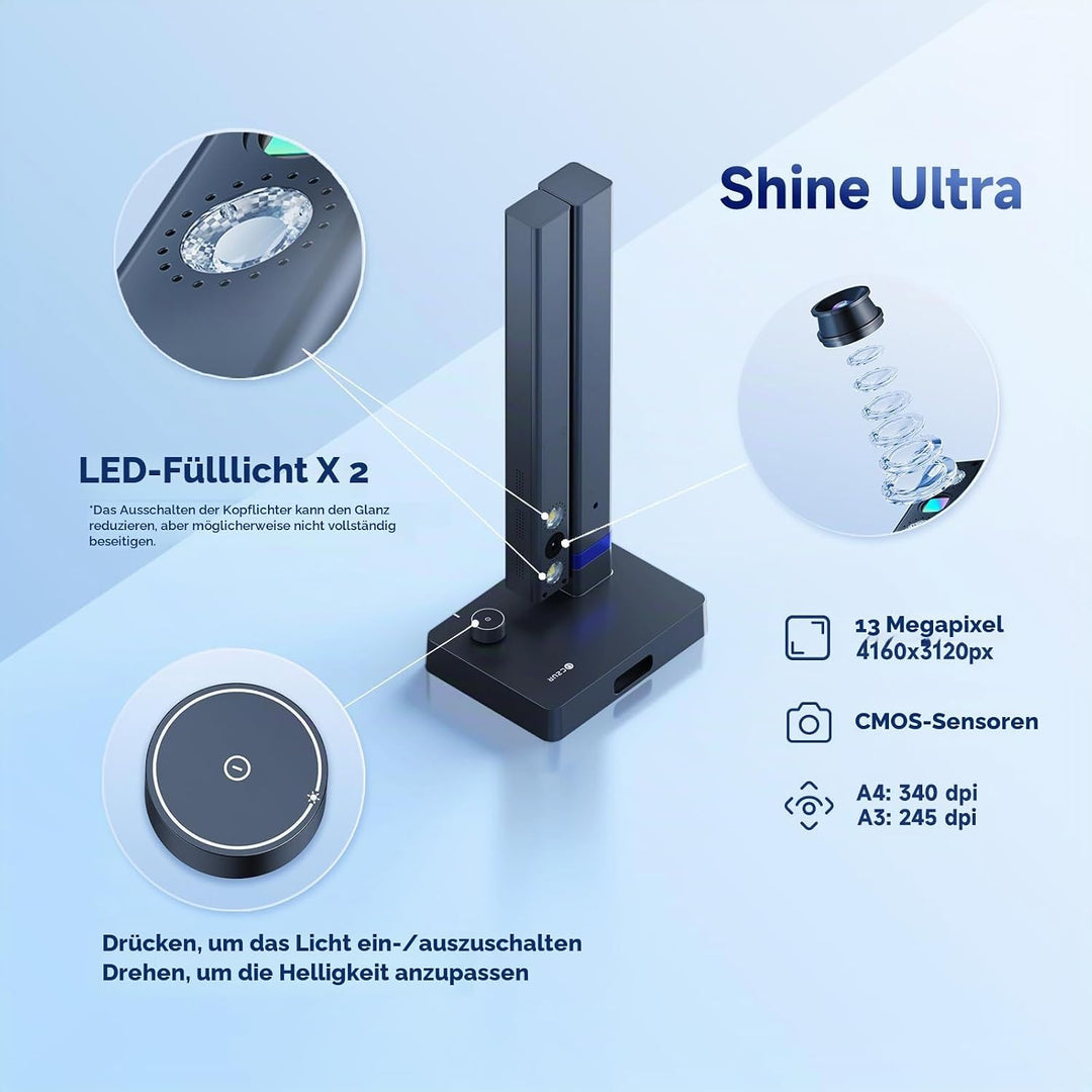 CZUR Shine Ultra 13 MP Faltbarere Dokumentenkamera A3 Dokumentenscanner Tragbarer Buchscanner OCR Sc