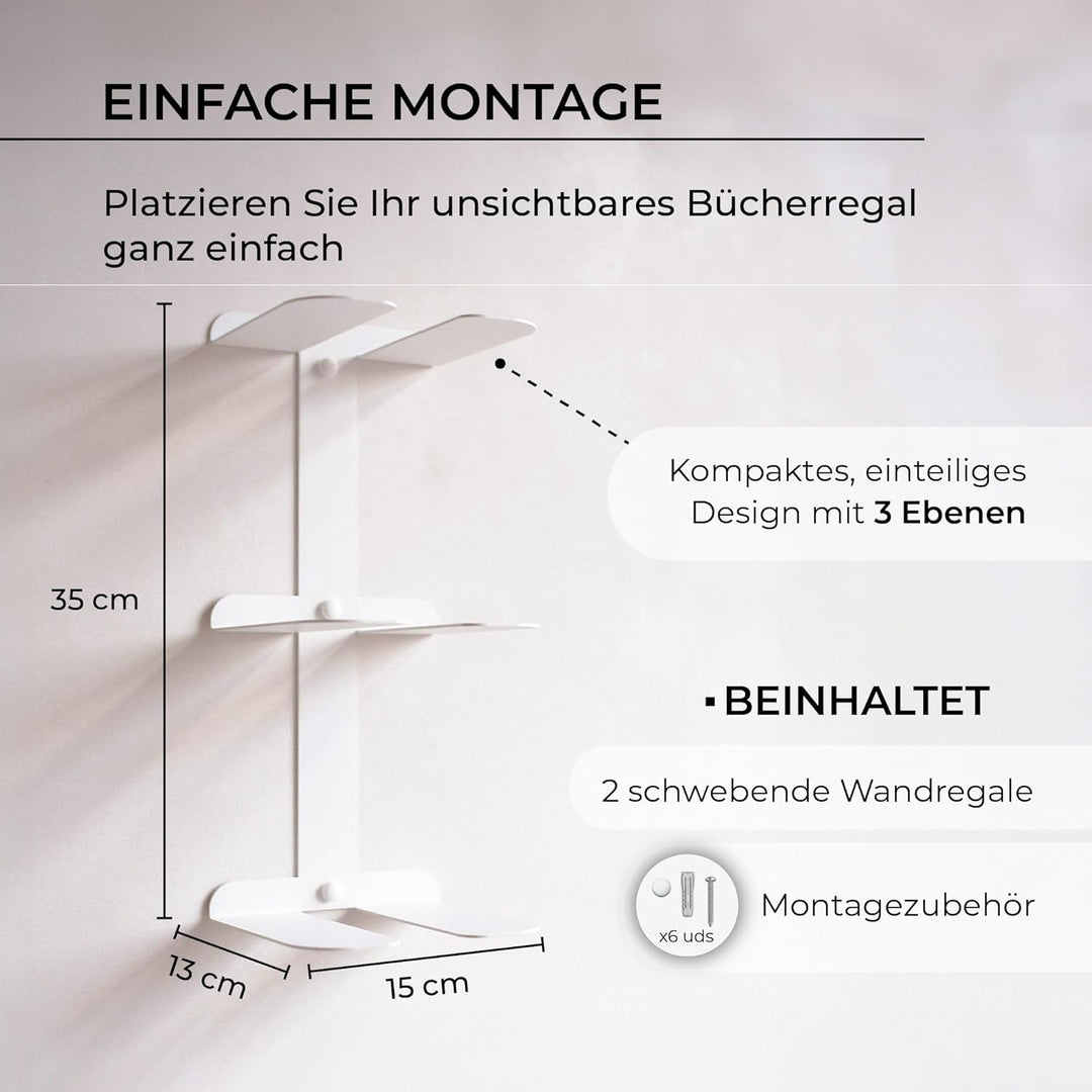 MILUKA Set 2 Unsichtbare Bücherregal Wand 35 cm | Wandregal Weiss Metall mit 3 Schwebenden Regalen f