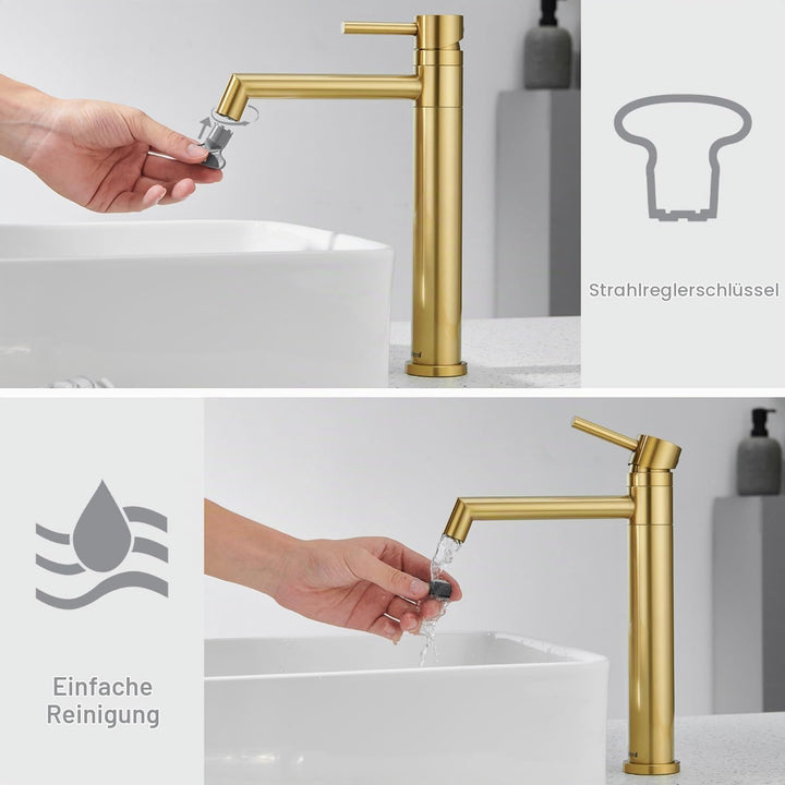 Ulytid Wasserhahn Bad Gold, Waschtischarmatur Hoch Aufsatzwaschbecken 360° Schwenkbar, Armatur Badez