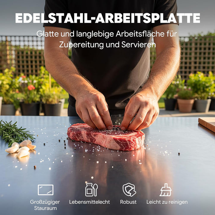 Feasto Grillwagen mit Edelstahl - Arbeitsplatte, 3 Etagen Grilltisch mit höhenverstellbaren Zwischen