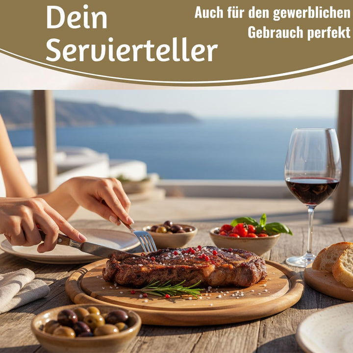 LS-LebenStil 6x Holz Fleischteller 25cm Rund FSC Akazie - Set - 6 Stück - Schneidebrett mit Saftrill