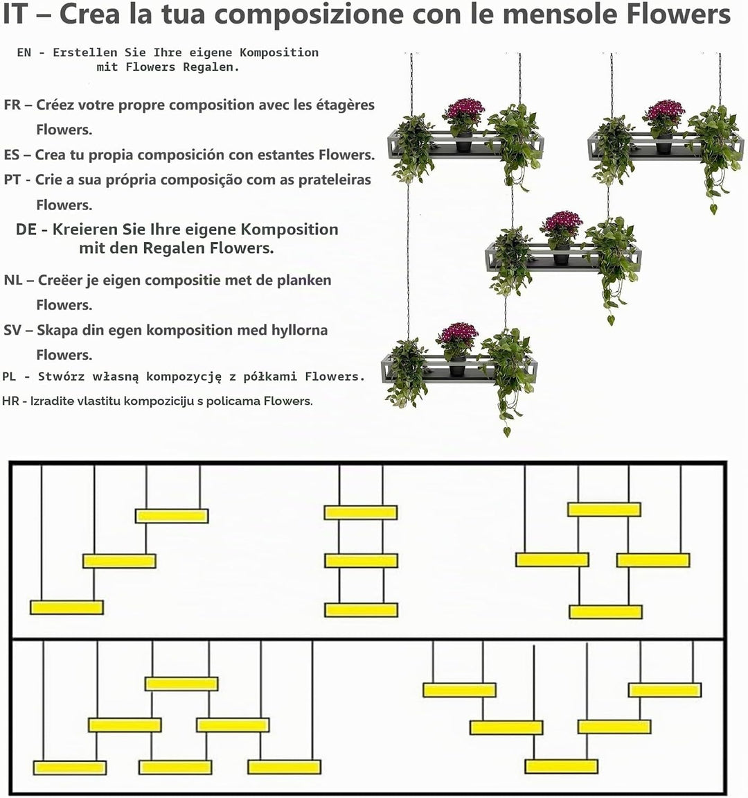 yelloo - Pflanzenregal Indoor Outdoor, Balkon Deko, Blumenständer Metall Hängendes Regal mit Ketten