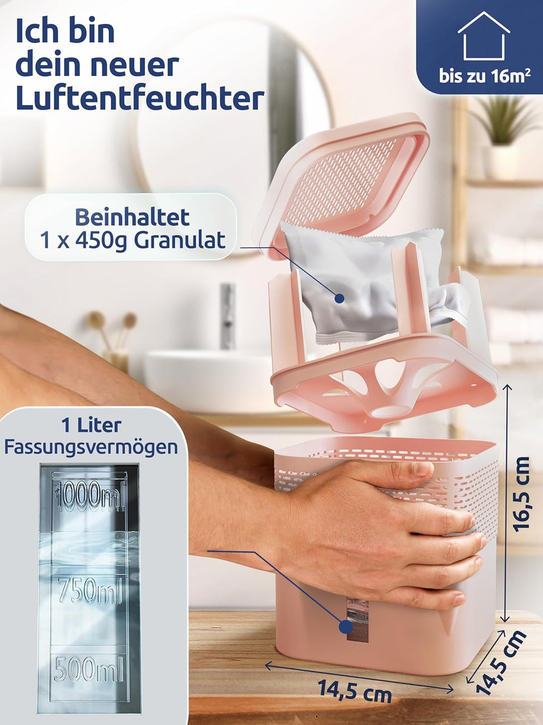 BonAura® AirOne Lite Luftentfeuchter ohne Strom mit 360° Belüftung I Raumentfeuchter mit Ausgiesser