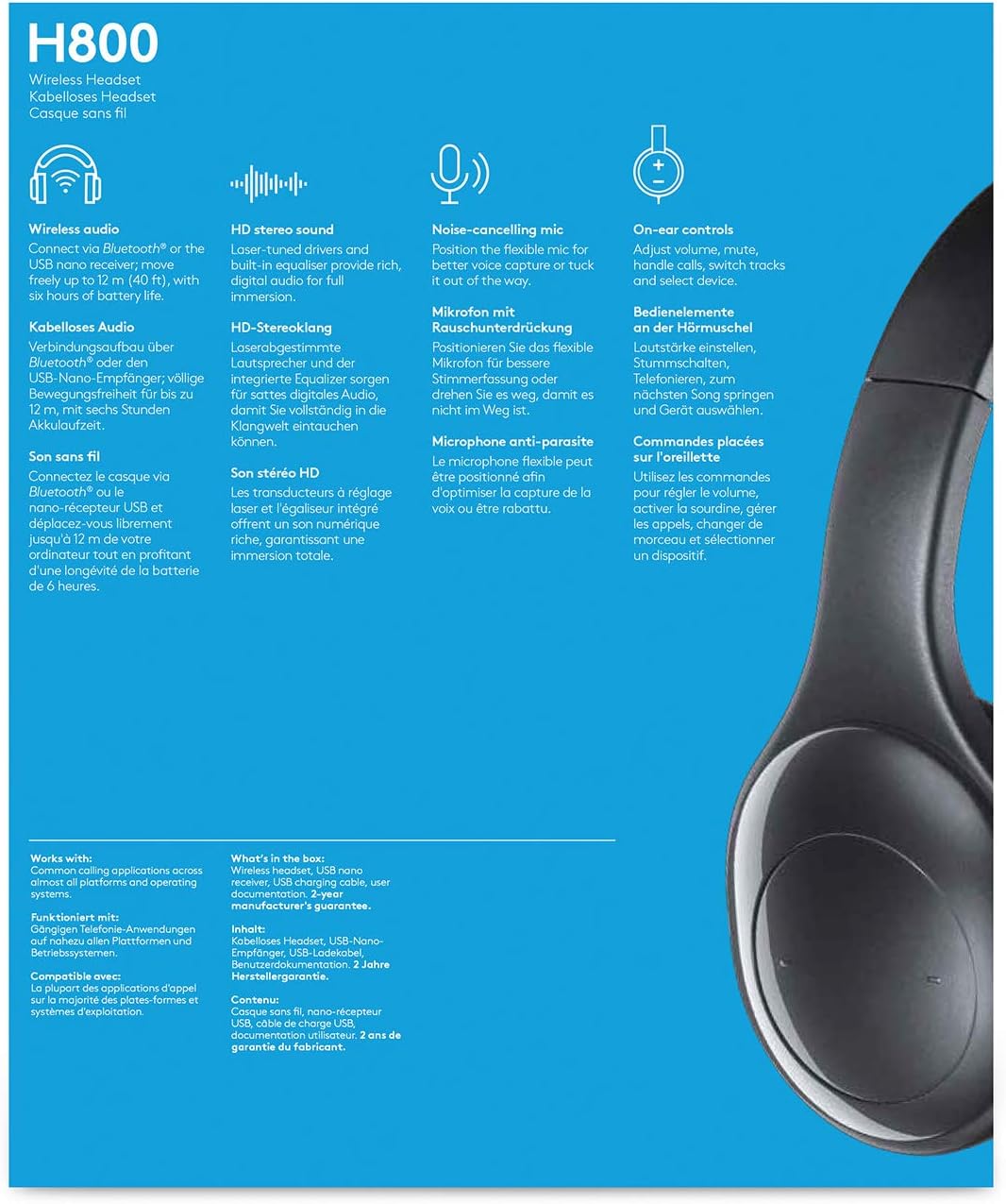 Logitech H800 Kabelloses Bluetooth Headset, Hi-Definition Stereo-Kopfhörer mit Noise-Cancelling Mikr