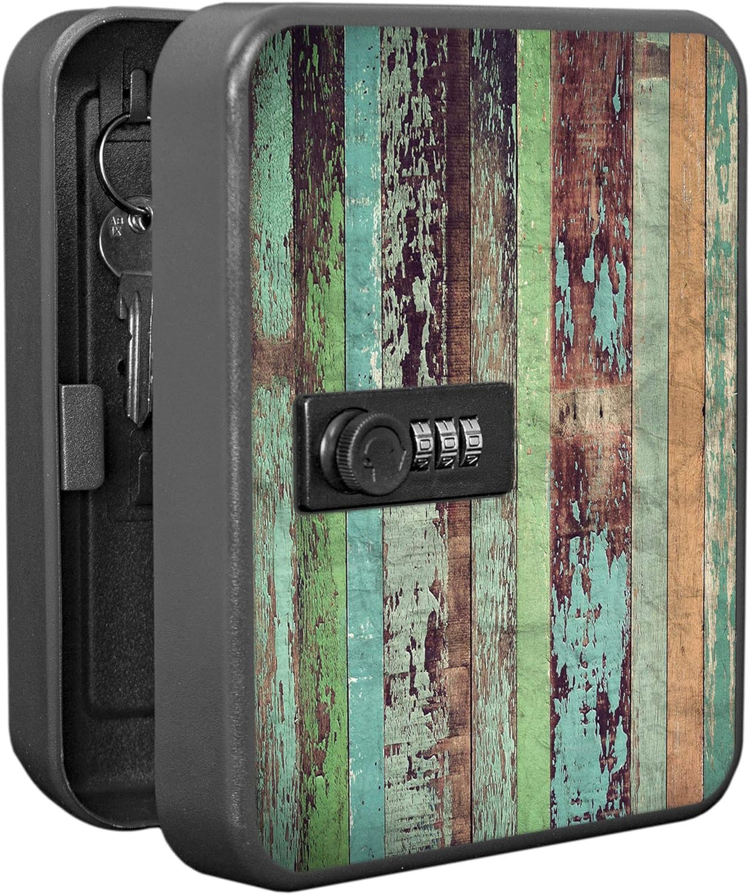 banjado® Burg-Wächter® abschliessbarer Schlüsselkasten mit Motiv Bunte Bretterwand für 20 Schlüssel