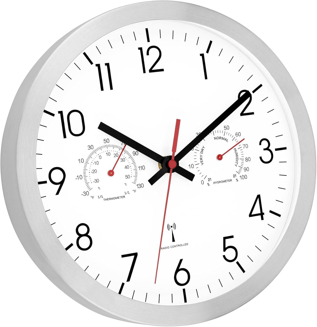 Foxtop Funk Wanduhr, Quarz-Wanduhr mit Temperatur und Luftfeuchtigkeit für Bad, Küche, Wohnzimmer, G