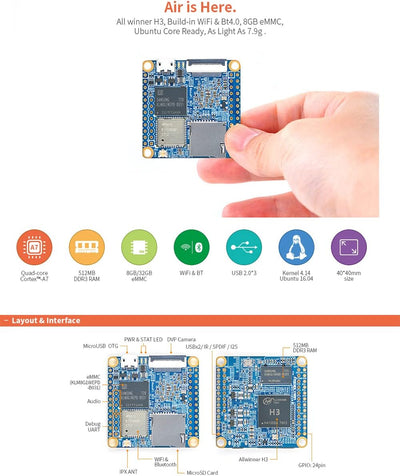 NanoPi NEO Air Open Source Quad-Core Cortex-A7 1,2 GHz Allwinner H3 Einplatinencomputer DDR3 WiFi &