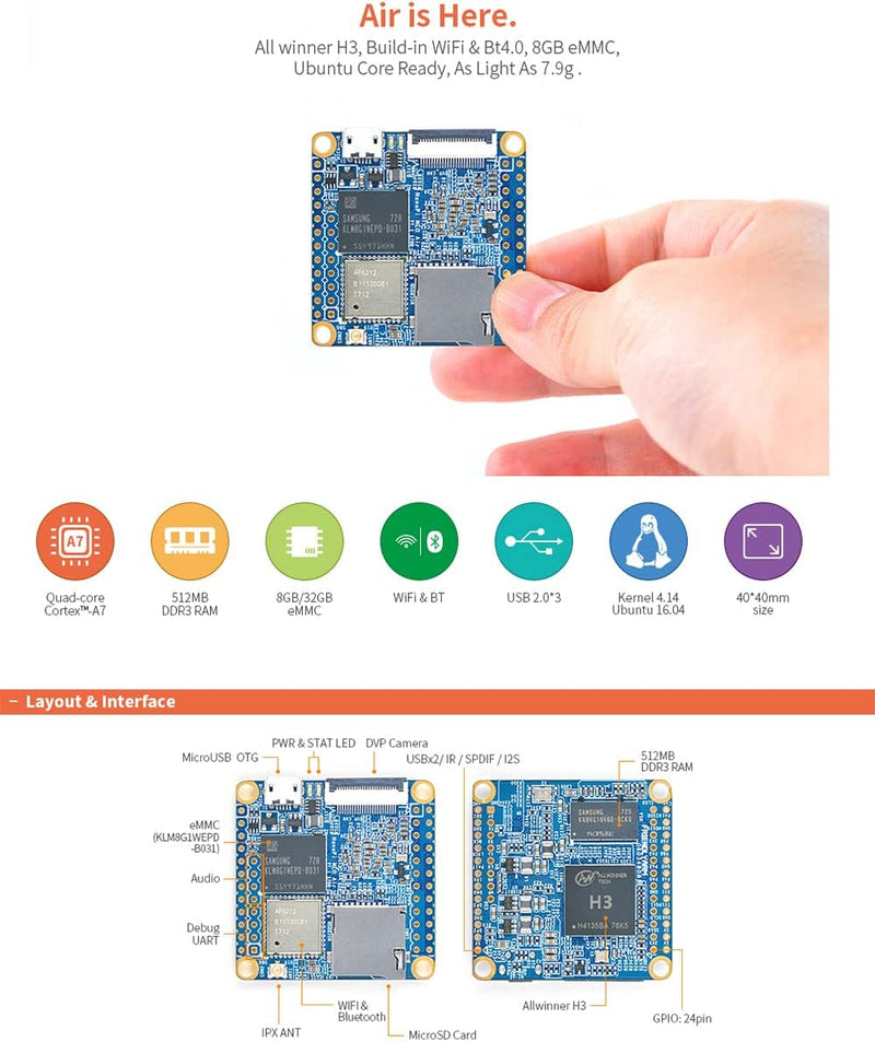 NanoPi NEO Air Open Source Quad-Core Cortex-A7 1,2 GHz Allwinner H3 Einplatinencomputer DDR3 WiFi &