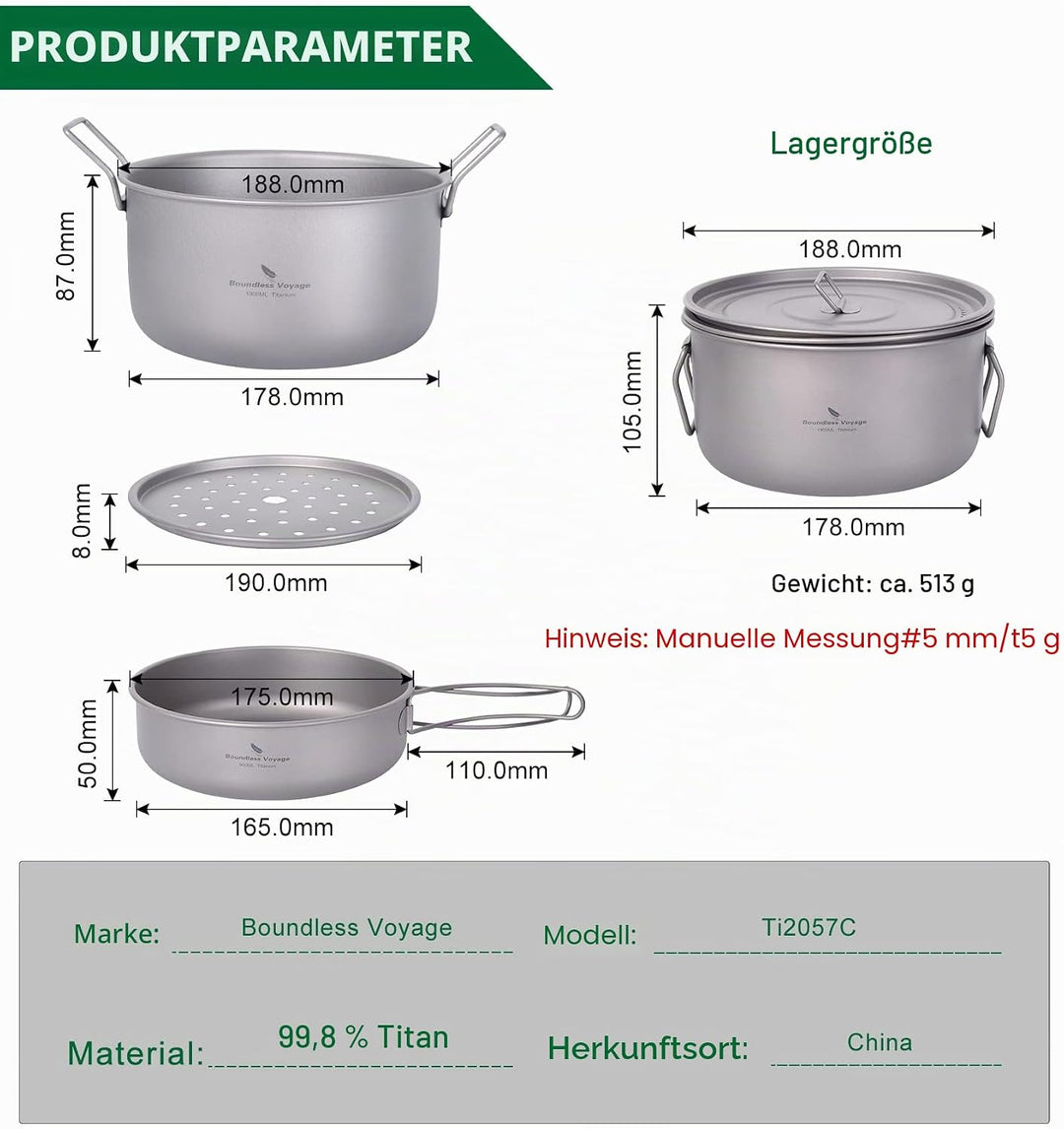 iBasingo 1.9L Titan Topf & 900ml Pfannen mit Deckel Camping Kochgeschirr Dampfgarer Leichtes Tragbar