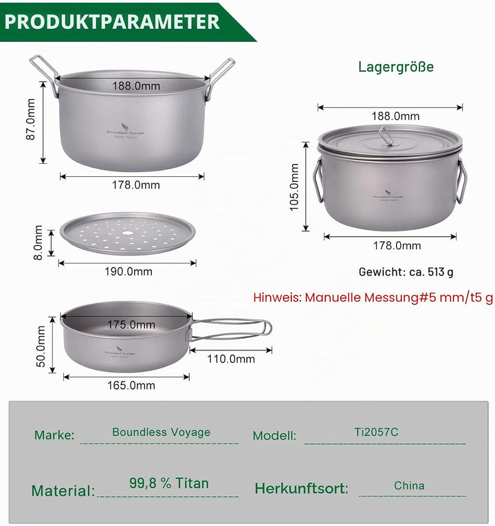 iBasingo 1.9L Titan Topf & 900ml Pfannen mit Deckel Camping Kochgeschirr Dampfgarer Leichtes Tragbar