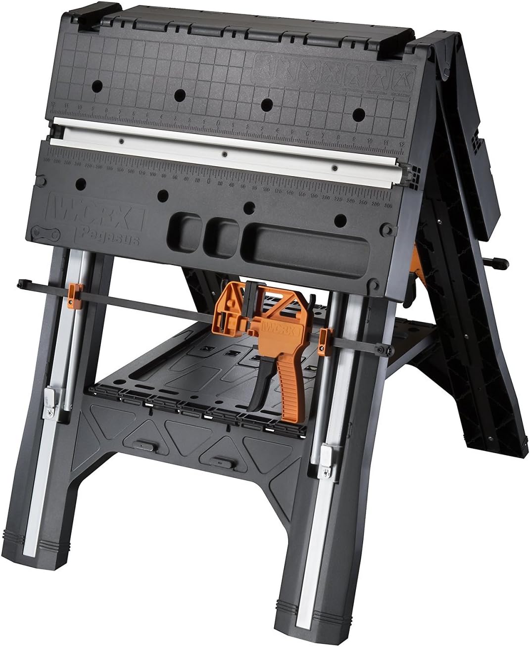 Worx WX051 Pegasus Multifunktions-Arbeitstisch und Sägebock mit Schnellklemmen und Haltern, Schwarz
