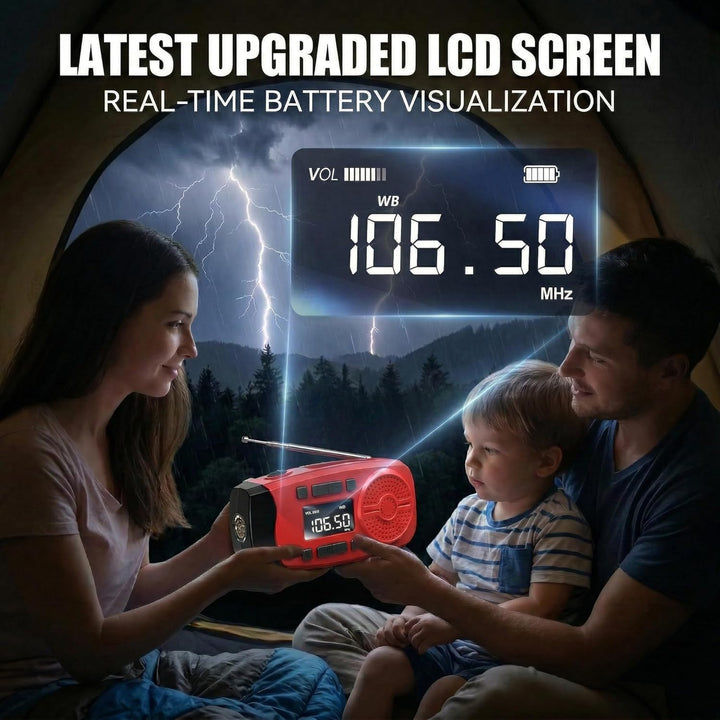 Solarkurbel-Notfallradio mit LCD-Display, 2000mAh Powerbank, 3-in-1 Taschenlampe mit SOS-Alarm, trag