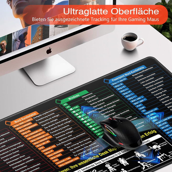 Mauspad XXL, Excel Shortcuts Mousepad Deutsch 900 x 400mm für Office, Word PPT Windows Mauspad gross